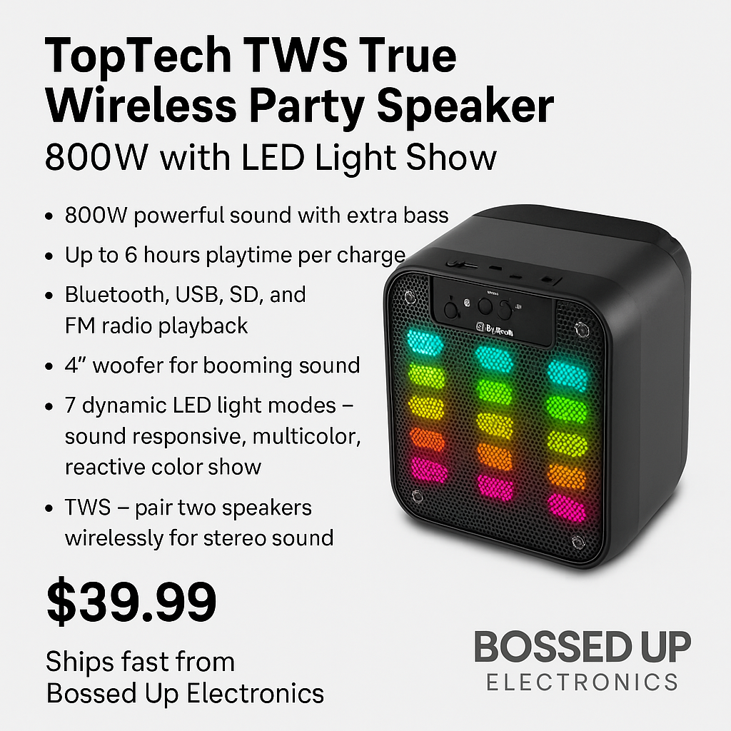 TopTech TWS True Wireless Party Speaker ā 800W with LED Light Show