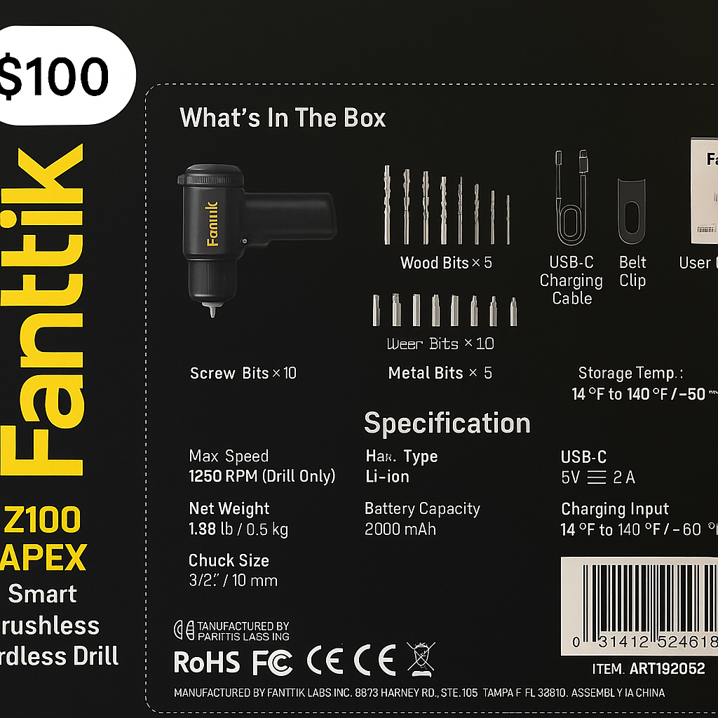 Fanttik Z100 APEX Smart Brushless Cordless Drill – 30N·m Torque | 5-Speed | Digital Display