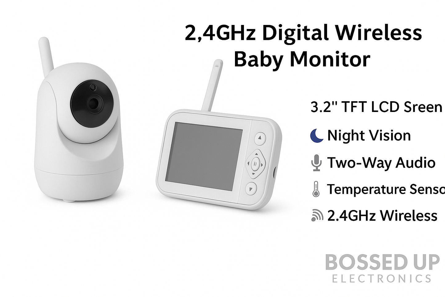 2.4GHz Digital Wireless Video Baby Monitor – 3.2” Screen, Night Vision & Two-Way Audio