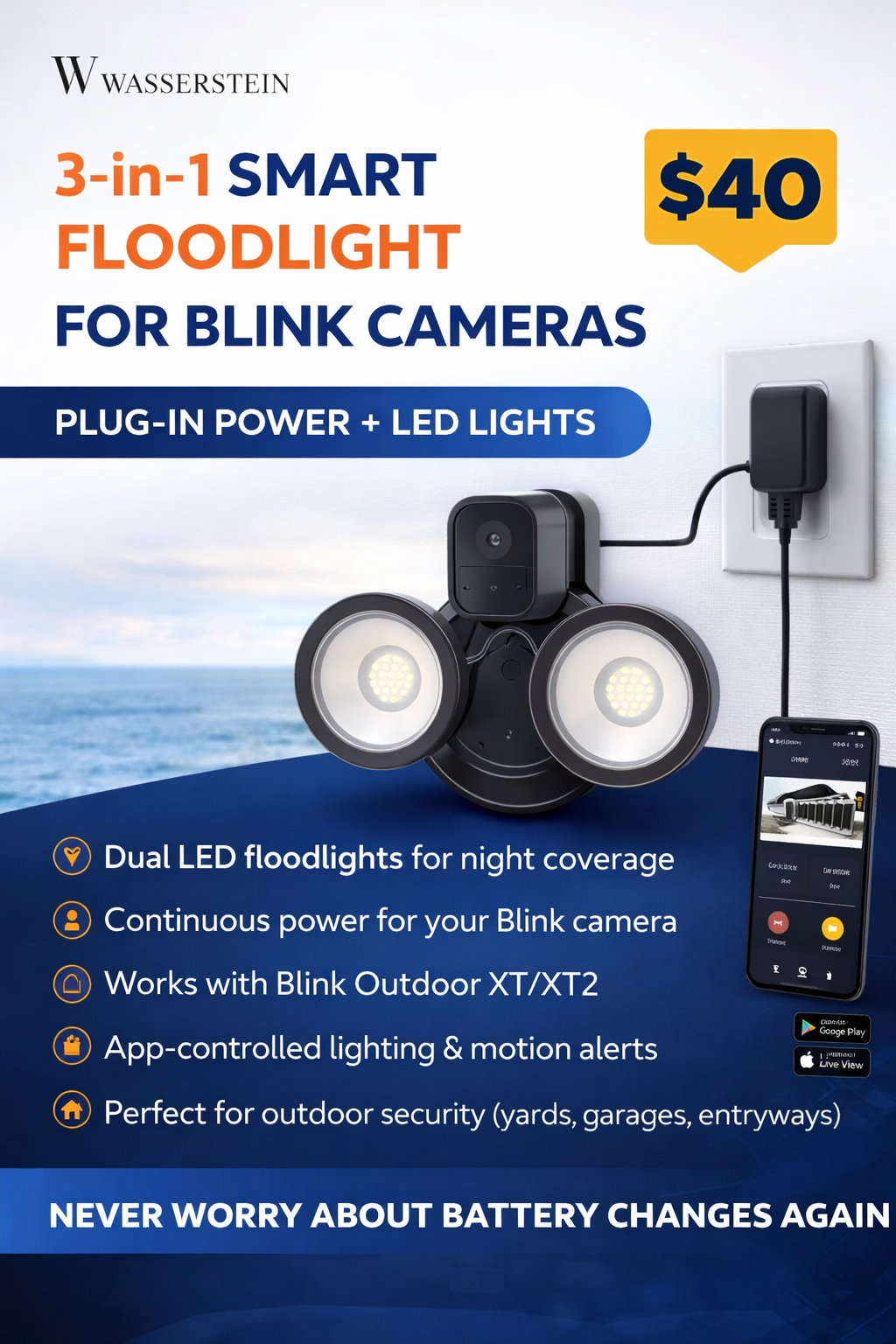 3-in-1 Smart Floodlight for Blink Cameras (Plug-In Power + LED Lights)