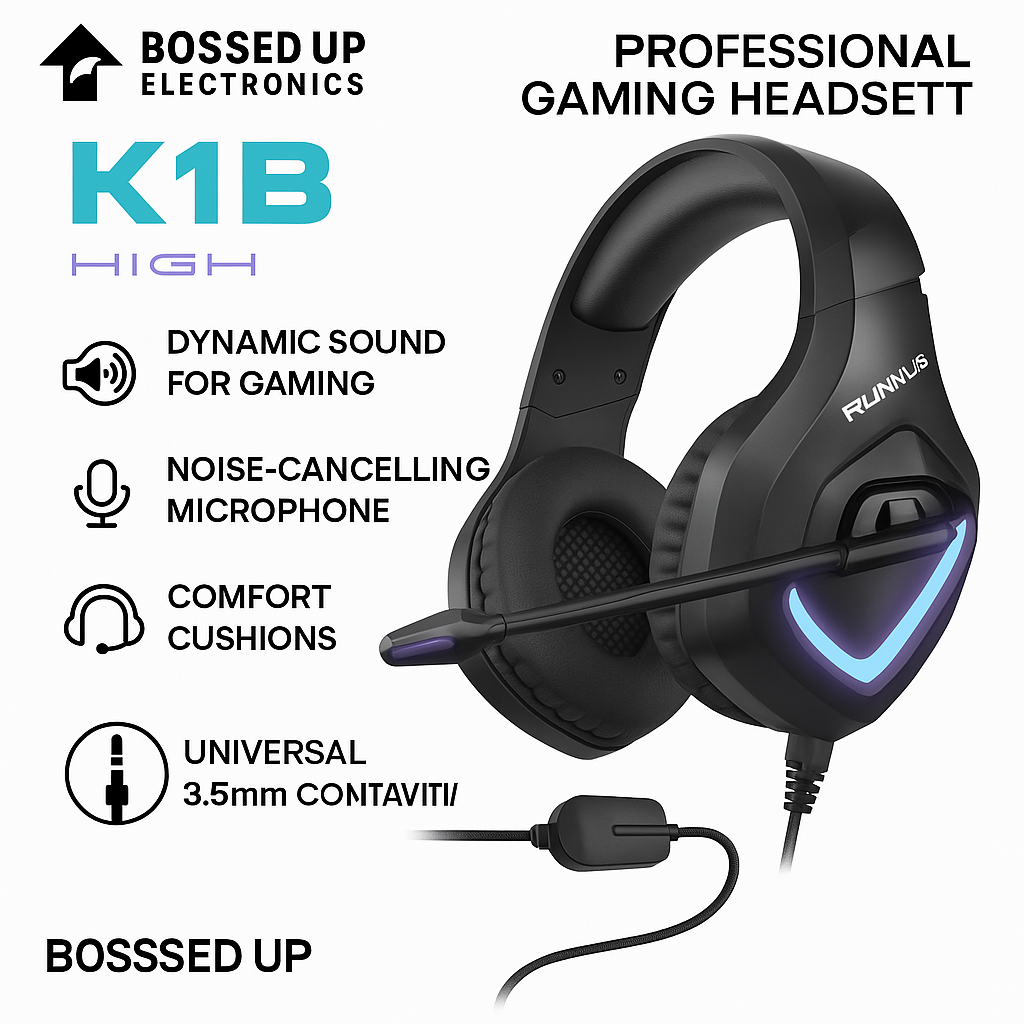 RUNMUS K1B Professional Gaming Headset – Noise Cancelling Mic, Comfort Fit