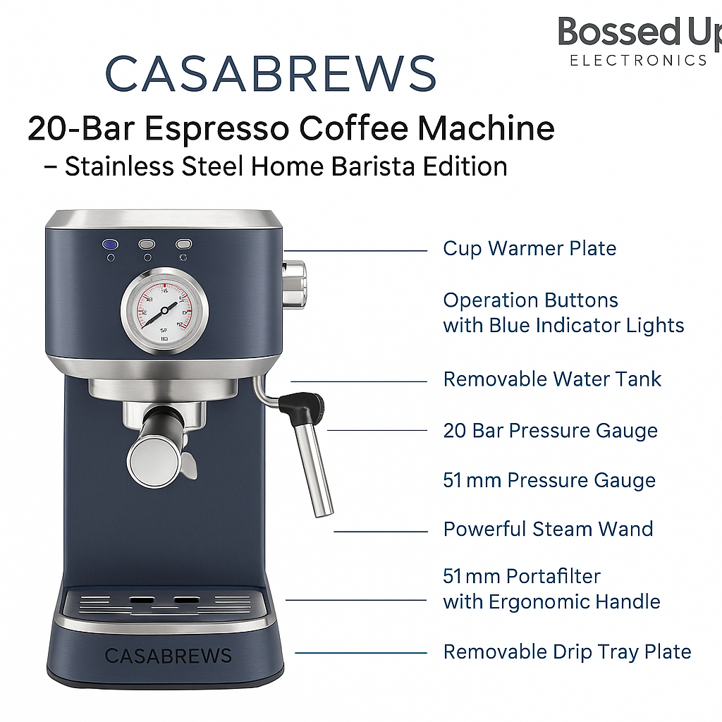 Casabrews 20-Bar Espresso Coffee Machine – Stainless Steel Home Barista Edition