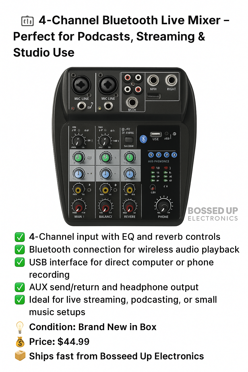 🎚️ 4-Channel Bluetooth Live Mixer – Perfect for Podcasts, Streaming & Studio Use