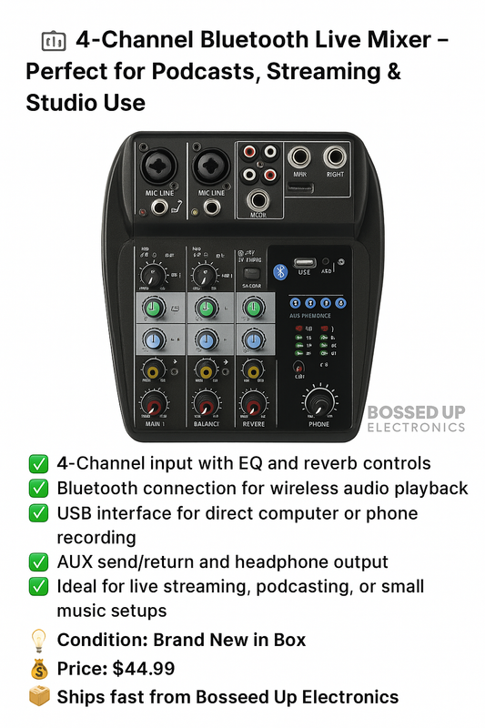 🎚️ 4-Channel Bluetooth Live Mixer – Perfect for Podcasts, Streaming & Studio Use