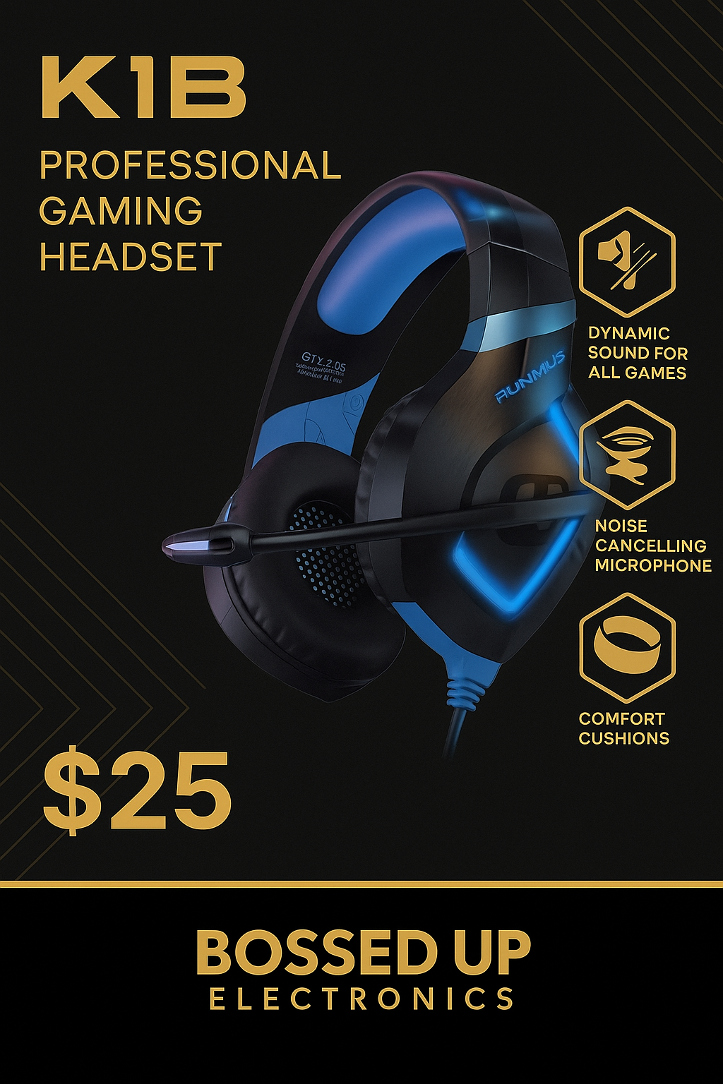 RUNMUS K1B Professional Gaming Headset – Noise Cancelling Mic, Comfort Fit