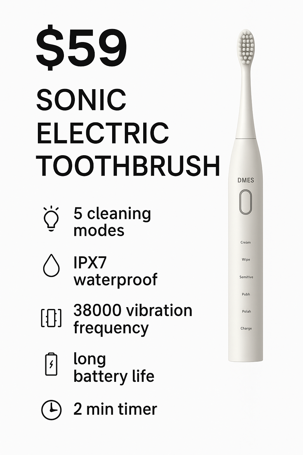 DMES Sonic Electric Toothbrush – 5 Modes, Waterproof, Long Battery Life