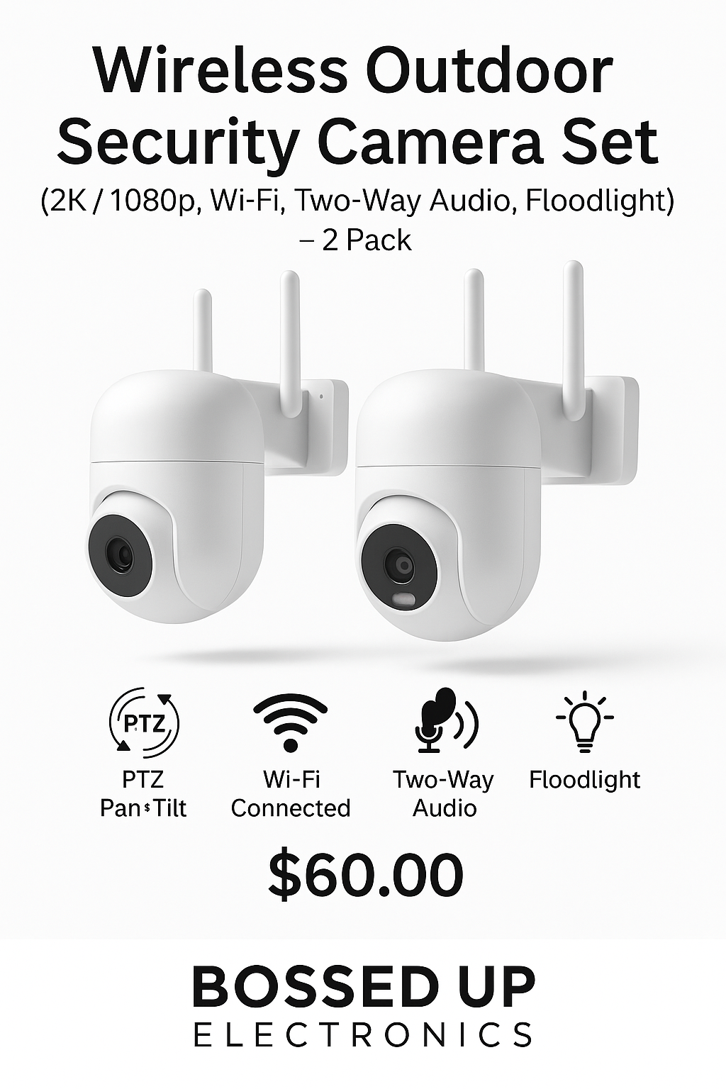 🔒 Wireless Outdoor Security Camera Set (2K / 1080p, Wi-Fi, Two-Way Audio, Floodlight) – 2 Pack