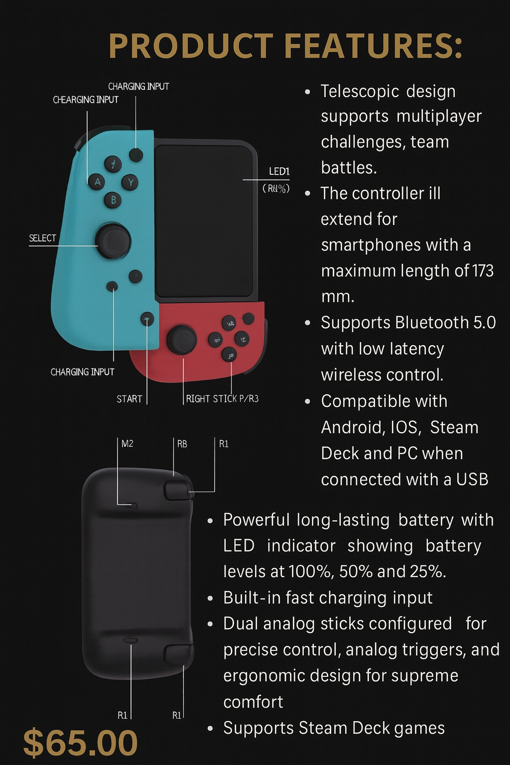 🎮 BSP-D3 Mobile Game Controller – Bluetooth Telescopic Gamepad for Android, iPhone & PC