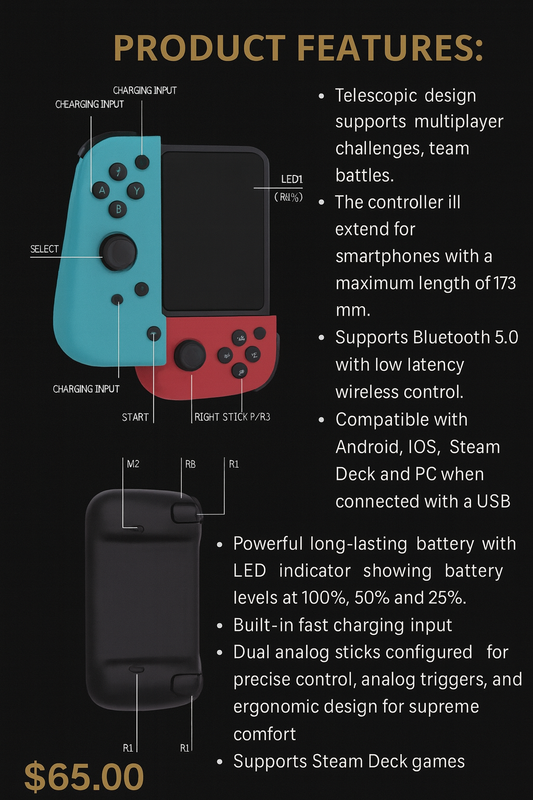 🎮 BSP-D3 Mobile Game Controller – Bluetooth Telescopic Gamepad for Android, iPhone & PC