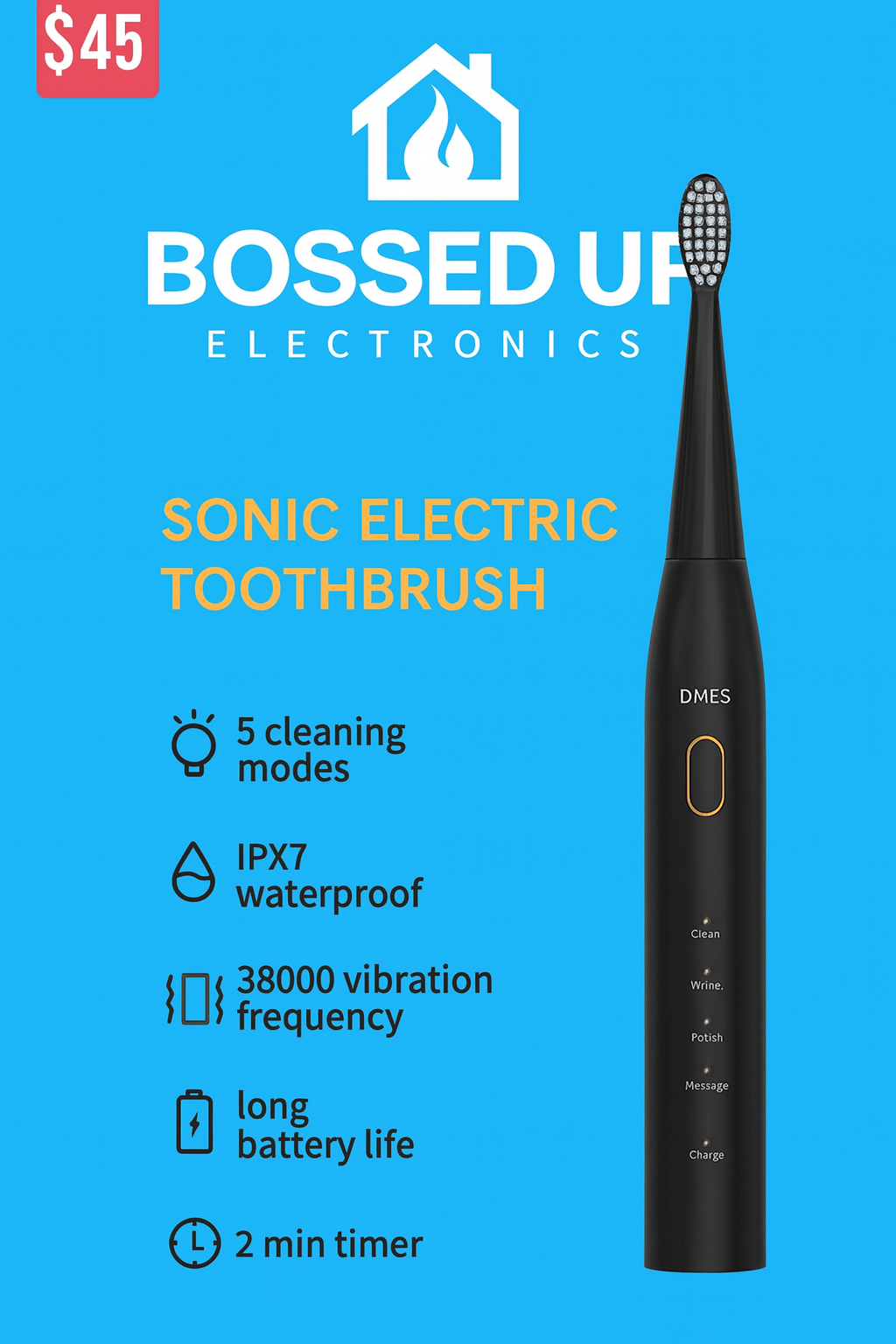 DMES Sonic Electric Toothbrush – 5 Modes, Waterproof, Long Battery Life