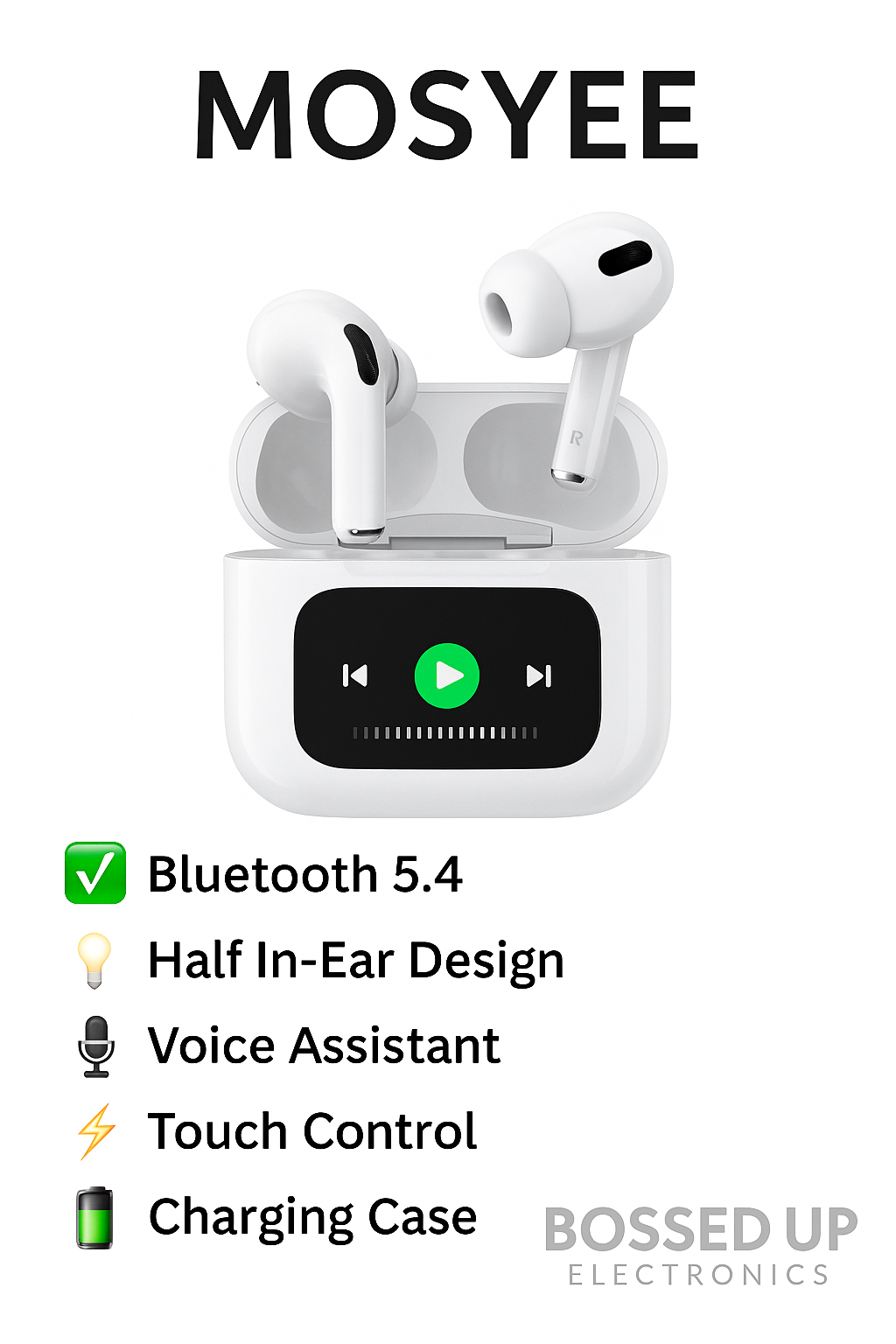 Mosyee TWS Bluetooth 5.4 Earbuds – Half In-Ear with Charging Case & Display